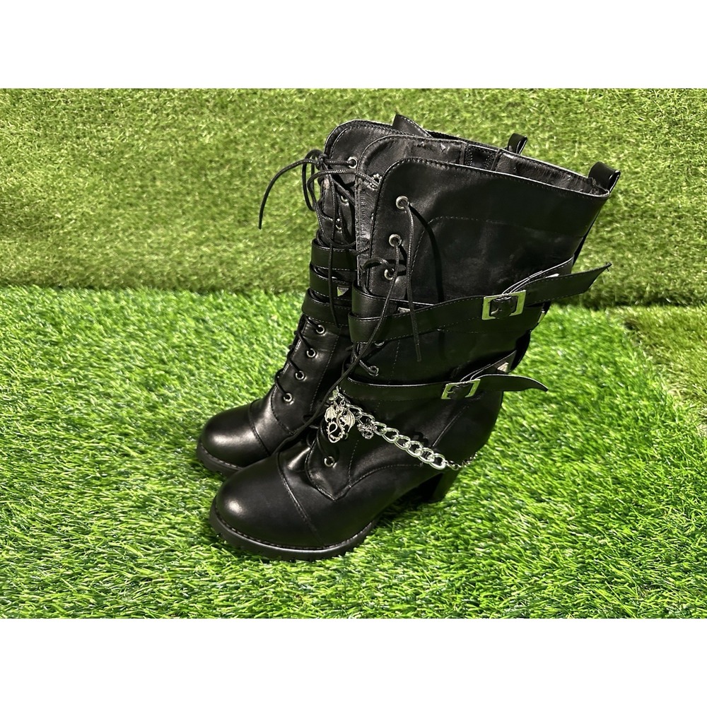 Gothic Y2K Chain Buckle Heeled Combat Boots Women's 11 Dragon Charm Black